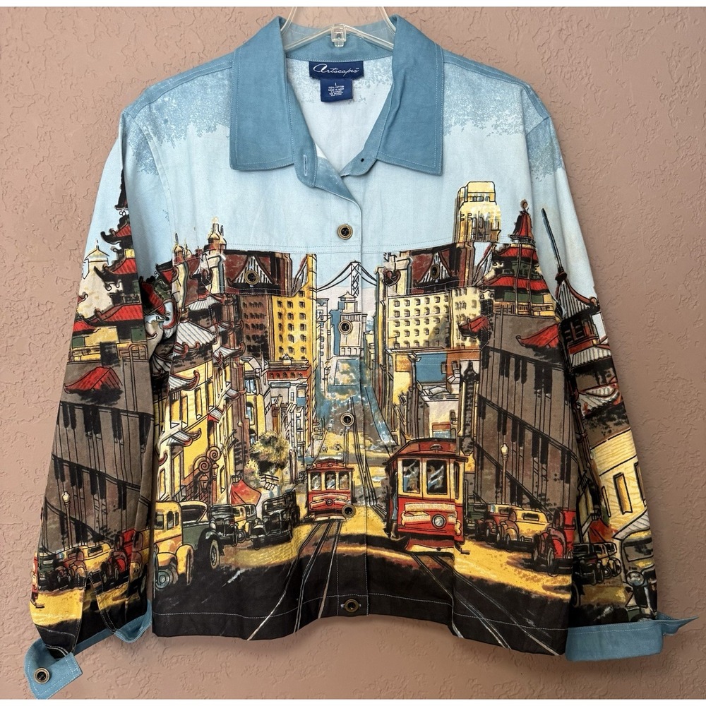 Artscape San Francisco Trolley Scene Button Front Women's‎ Denim Jacket Sz L